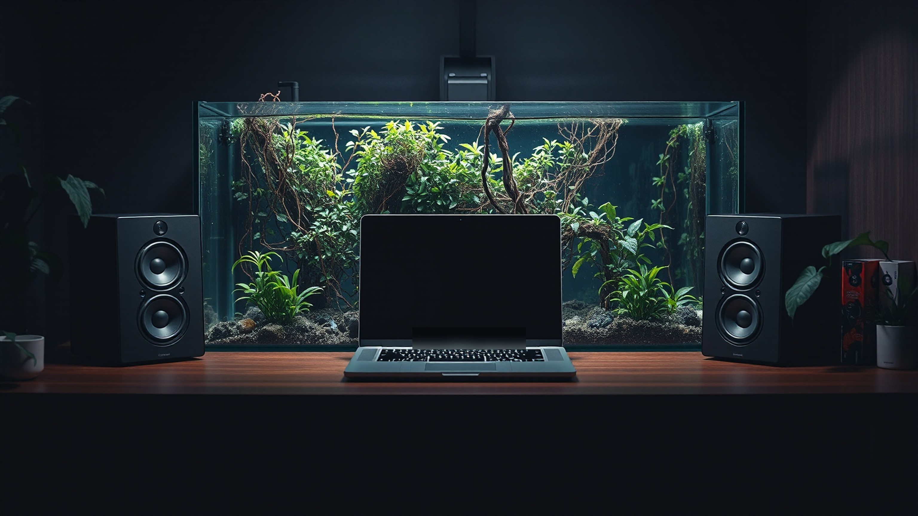A dark desk at night: a MacBook Pro playing a Vivarium wallpaper, between two speakers, in front of a planted aquarium.
